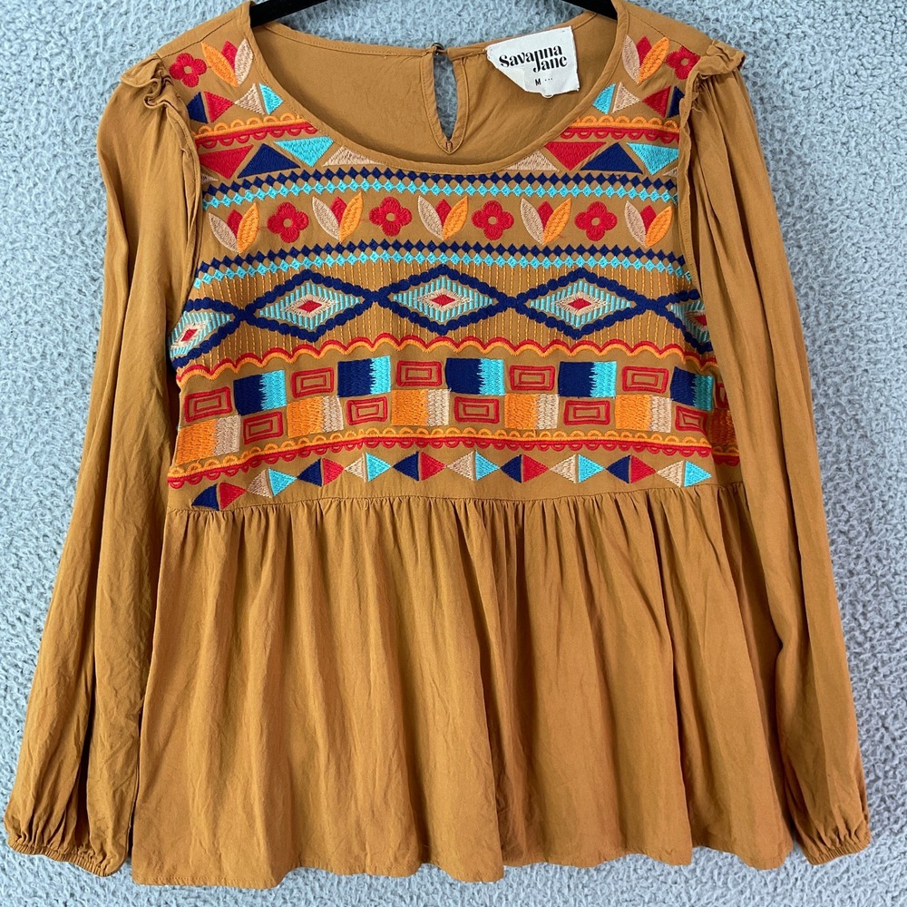 Savanna Jane Embroidered Babydoll Blouse Womens Medium Mustard Yellow Excellent